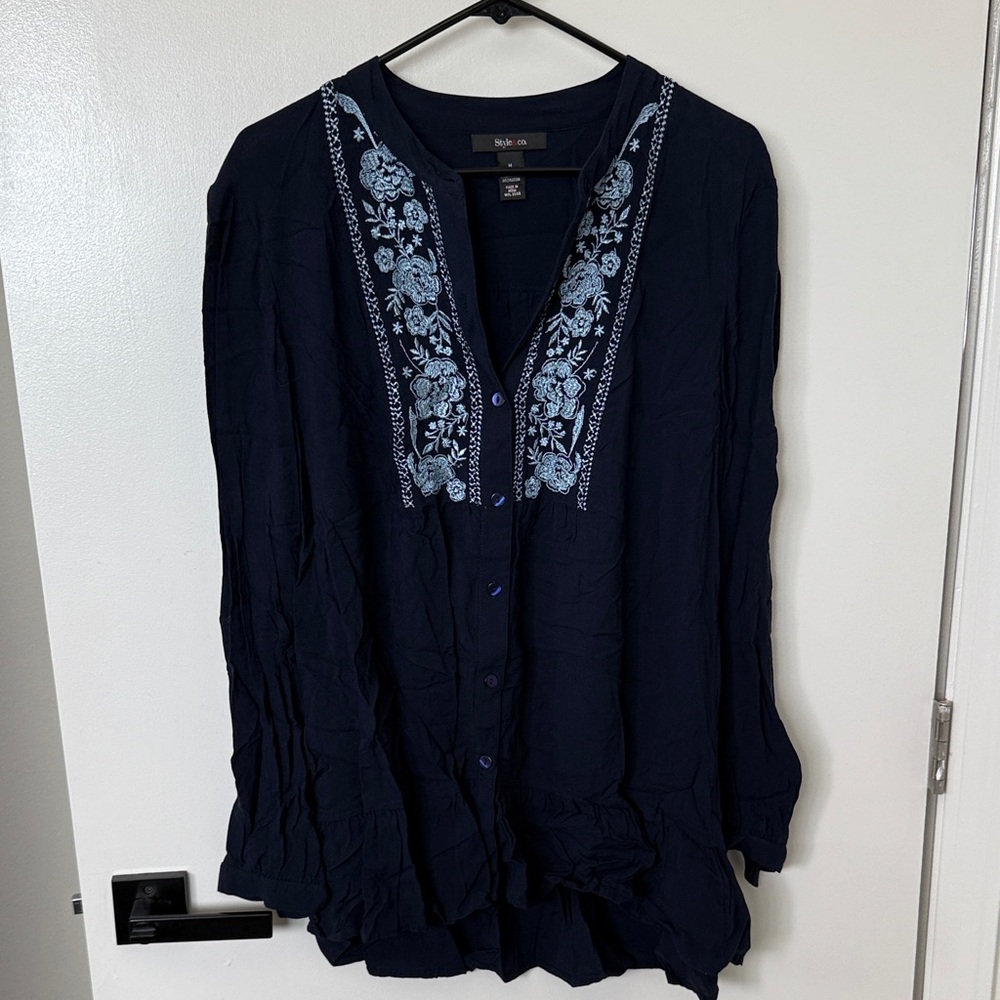 Style & Co. Navy Blue Embroidered Blouse